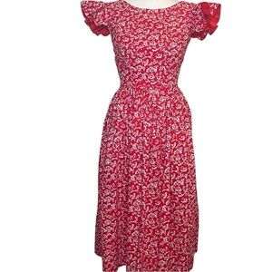 Vintage Fenwick Petites Red Floral Ruffle Cap Sleeve Midi Sun Dress Women Size 8